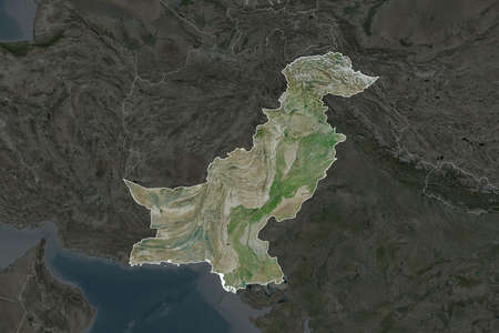 Shape of Pakistan separated by the desaturation of neighboring areas. Borders. Satellite imagery. 3D...