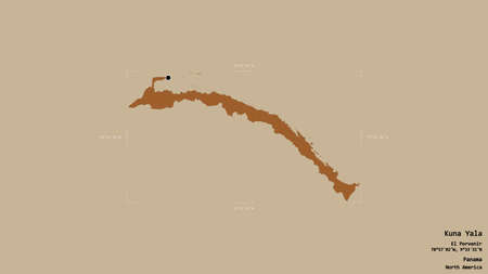 Area of Kuna Yala, indigenous territory of Panama, isolated on a solid background in a georeferenced bounding box. Labels. Composition of patterned textures. 3D renderingの写真素材