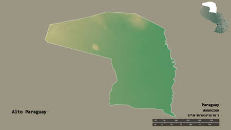 Shape of Alto Paraguay, department of Paraguay, with its capital isolated on solid background. Distance scale, region preview and labels. Topographic relief map. 3D renderingの写真素材