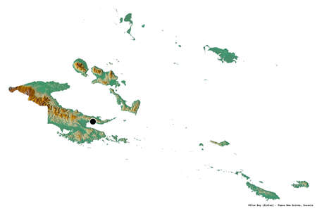 Shape of Milne Bay, province of Papua New Guinea, with its capital isolated on white background. Topographic relief map. 3D renderingの写真素材