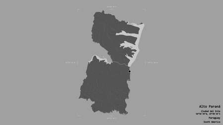Area of Alto ParanÃ¡, department of Paraguay, isolated on a solid background in a georeferenced bounding box. Labels. Bilevel elevation map. 3D renderingの写真素材