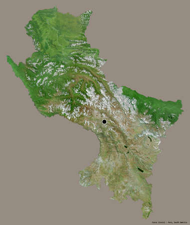 Shape of Cusco, region of Peru, with its capital isolated on a solid color background. Satellite imagery. 3D renderingの写真素材