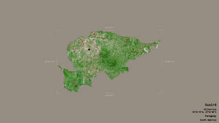 Area of GuairÃ¡, department of Paraguay, isolated on a solid background in a georeferenced bounding box. Labels. Satellite imagery. 3D renderingの写真素材