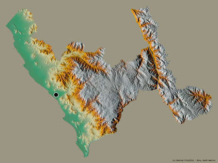 Shape of La Libertad, region of Peru, with its capital isolated on a solid color background....