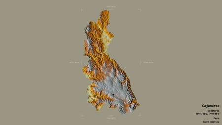 Area of Cajamarca, region of Peru, isolated on a solid background in a georeferenced bounding box. Labels. Topographic relief map. 3D renderingの写真素材