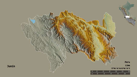 Shape of JunÃ­n, region of Peru, with its capital isolated on solid background. Distance scale,...