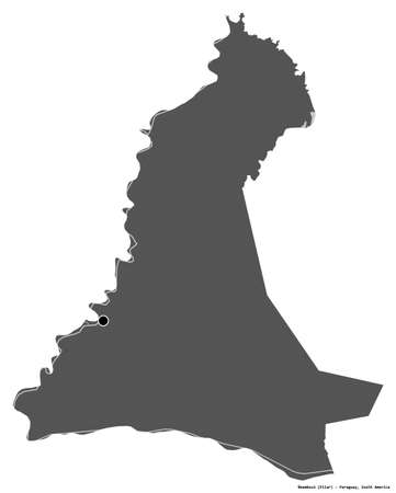 Shape of ÃeembucÃº, department of Paraguay, with its capital isolated on white background. Bilevel elevation map. 3D renderingの写真素材