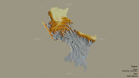 Area of Cusco, region of Peru, isolated on a solid background in a georeferenced bounding box. Labels. Topographic relief map. 3D renderingの写真素材