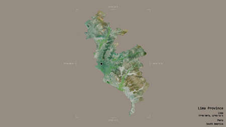 Area of Lima Province, province of Peru, isolated on a solid background in a georeferenced bounding box. Labels. Satellite imagery. 3D renderingの写真素材
