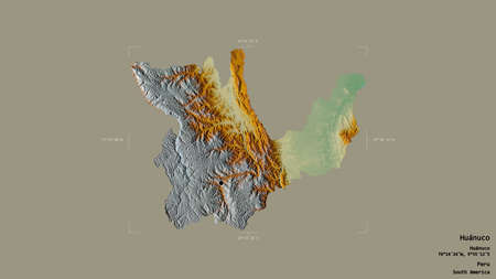 Area of HuÃ¡nuco, region of Peru, isolated on a solid background in a georeferenced bounding box. Labels. Topographic relief map. 3D renderingの写真素材