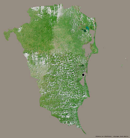 Shape of AtlÃ¡ntico Sur, autonomous region of Nicaragua, with its capital isolated on a solid color background. Satellite imagery. 3D renderingの写真素材