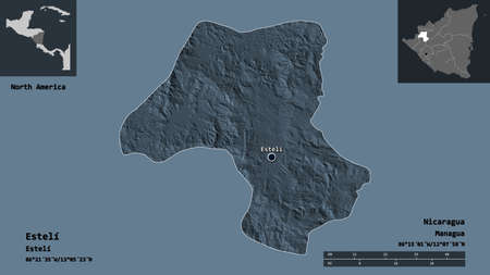 Shape of EstelÃ­, department of Nicaragua, and its capital. Distance scale, previews and labels. Colored elevation map. 3D renderingの写真素材