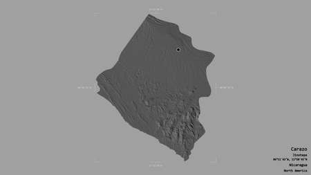 Area of Carazo, department of Nicaragua, isolated on a solid background in a georeferenced bounding box. Labels. Bilevel elevation map. 3D renderingの写真素材