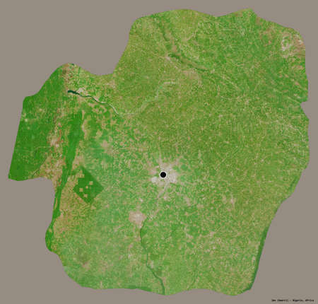 Shape of Imo, state of Nigeria, with its capital isolated on a solid color background. Satellite imagery. 3D renderingの写真素材