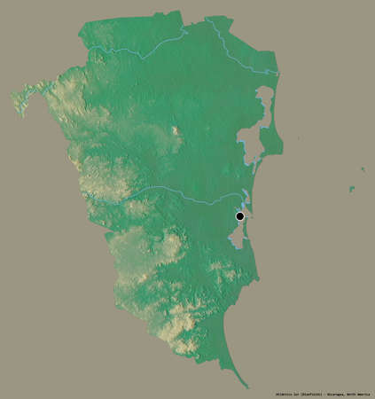 Shape of AtlÃ¡ntico Sur, autonomous region of Nicaragua, with its capital isolated on a solid color background. Topographic relief map. 3D renderingの写真素材