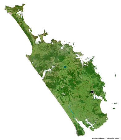 Shape of Northland, regional council of New Zealand, with its capital isolated on white background. Satellite imagery. 3D renderingの写真素材
