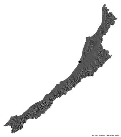 Shape of West Coast, regional council of New Zealand, with its capital isolated on white background. Bilevel elevation map. 3D renderingの写真素材