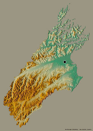 Shape of Marlborough, unitary authority of New Zealand, with its capital isolated on a solid color...