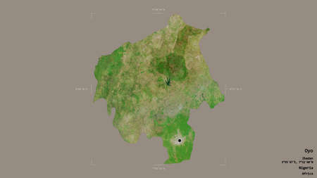 Area of Oyo, state of Nigeria, isolated on a solid background in a georeferenced bounding box. Labels. Satellite imagery. 3D renderingの写真素材