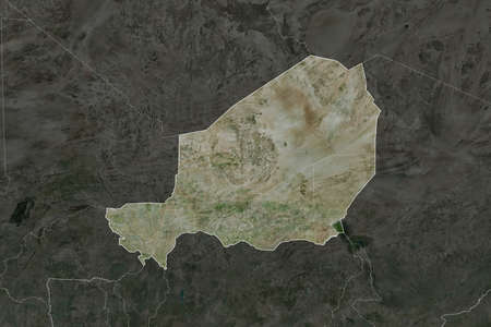 Shape of Niger separated by the desaturation of neighboring areas. Borders. Satellite imagery. 3D renderingの写真素材