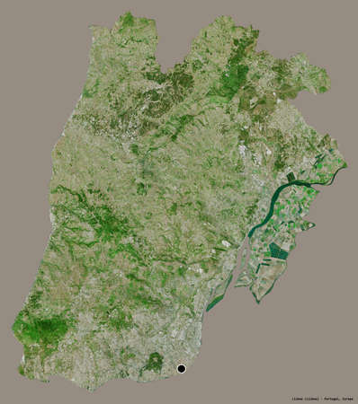 Shape of Lisboa, district of Portugal, with its capital isolated on a solid color background. Satellite imagery. 3D renderingの写真素材