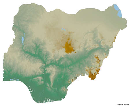 Shape of Nigeria with its capital isolated on white background. Topographic relief map. 3D renderingの写真素材