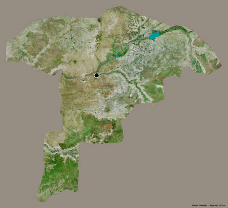 Shape of Sokoto, state of Nigeria, with its capital isolated on a solid color background. Satellite imagery. 3D renderingの写真素材