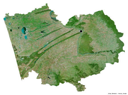 Shape of Altay, territory of Russia, with its capital isolated on white background. Satellite...