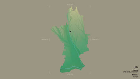 Area of Olt, county of Romania, isolated on a solid background in a georeferenced bounding box....