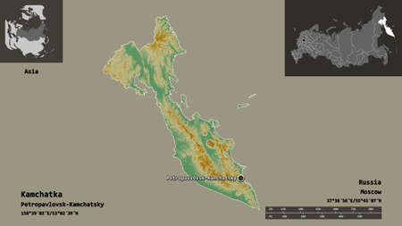Shape of Kamchatka, territory of Russia, and its capital. Distance scale, previews and labels....