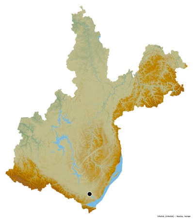 Shape of Irkutsk, region of Russia, with its capital isolated on white background. Topographic relief map. 3D renderingの写真素材