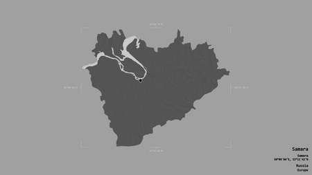 Area of Samara, region of Russia, isolated on a solid background in a georeferenced bounding box. Labels. Bilevel elevation map. 3D renderingの写真素材