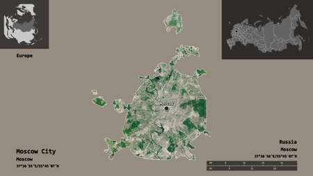 Shape of Moscow City, city of Russia, and its capital. Distance scale, previews and labels....
