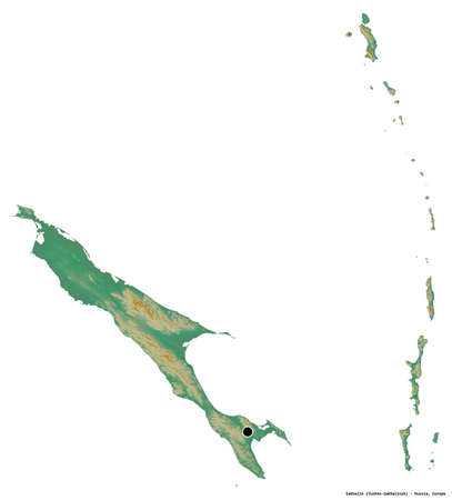 Shape of Sakhalin, region of Russia, with its capital isolated on white background. Topographic relief map. 3D renderingの写真素材