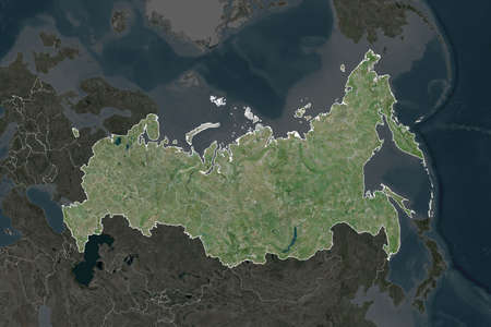 Shape of Russia separated by the desaturation of neighboring areas. Borders. Satellite imagery. 3D renderingの写真素材