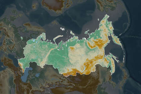 Shape of Russia separated by the desaturation of neighboring areas. Borders. Topographic relief map....