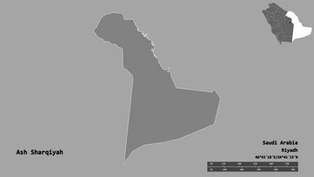 Shape of Ash Sharqiyah, region of Saudi Arabia, with its capital isolated on solid background. Distance scale, region preview and labels. Bilevel elevation map. 3D renderingの写真素材