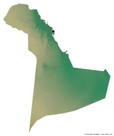 Shape of Ash Sharqiyah, region of Saudi Arabia, with its capital isolated on white background. Topographic relief map. 3D renderingの写真素材