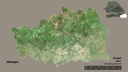 Shape of KÃ©dougou, region of Senegal, with its capital isolated on solid background. Distance...