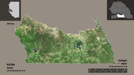 Shape of Kolda, region of Senegal, and its capital. Distance scale, previews and labels. Satellite...