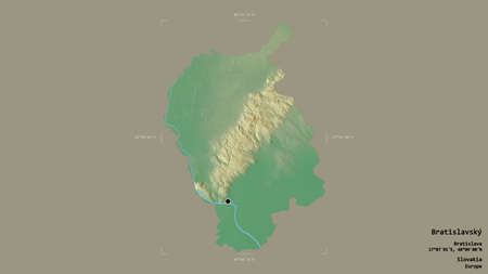 Area of BratislavskÃ½, region of Slovakia, isolated on a solid background in a georeferenced bounding box. Labels. Topographic relief map. 3D renderingの写真素材