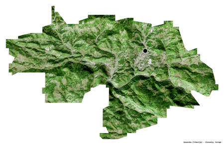 Shape of Zasavska, statistical region of Slovenia, with its capital isolated on white background. Satellite imagery. 3D renderingの写真素材