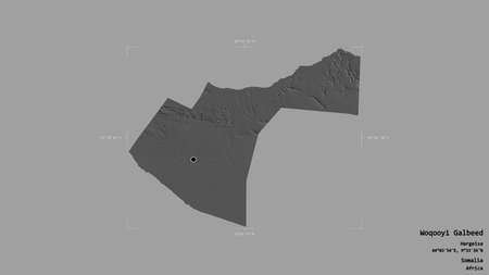 Area of Woqooyi Galbeed, region of Somalia, isolated on a solid background in a georeferenced bounding box. Labels. Bilevel elevation map. 3D renderingの写真素材