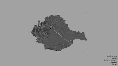 Area of Podravska, statistical region of Slovenia, isolated on a solid background in a georeferenced bounding box. Labels. Bilevel elevation map. 3D renderingの写真素材
