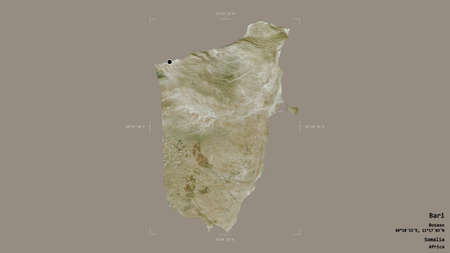 Area of Bari, region of Somalia, isolated on a solid background in a georeferenced bounding box. Labels. Satellite imagery. 3D renderingの写真素材
