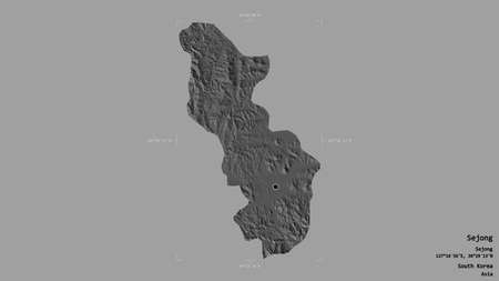 Area of Sejong, metropolitan autonomous city of South Korea, isolated on a solid background in a georeferenced bounding box. Labels. Bilevel elevation map. 3D renderingの写真素材