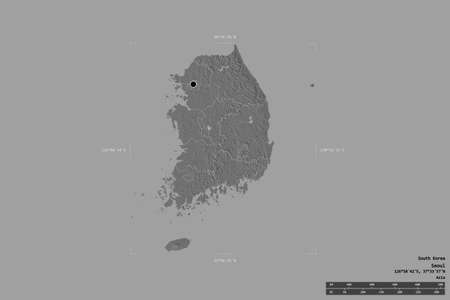 Area of South Korea isolated on a solid background in a georeferenced bounding box. Main regional division, distance scale, labels. Bilevel elevation map. 3D renderingの写真素材