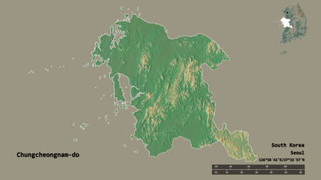 Shape of Chungcheongnam-do, province of South Korea, with its capital isolated on solid background....