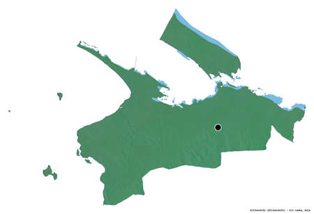 Shape of Kilinochchi, district of Sri Lanka, with its capital isolated on white background....