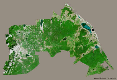 Shape of Mullaitivu, district of Sri Lanka, with its capital isolated on a solid color background. Satellite imagery. 3D renderingの写真素材